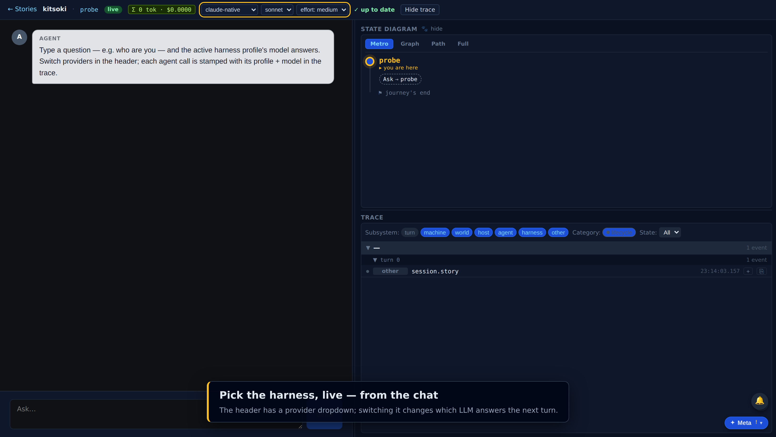 The harness picker — pluggable operators, live — demo poster