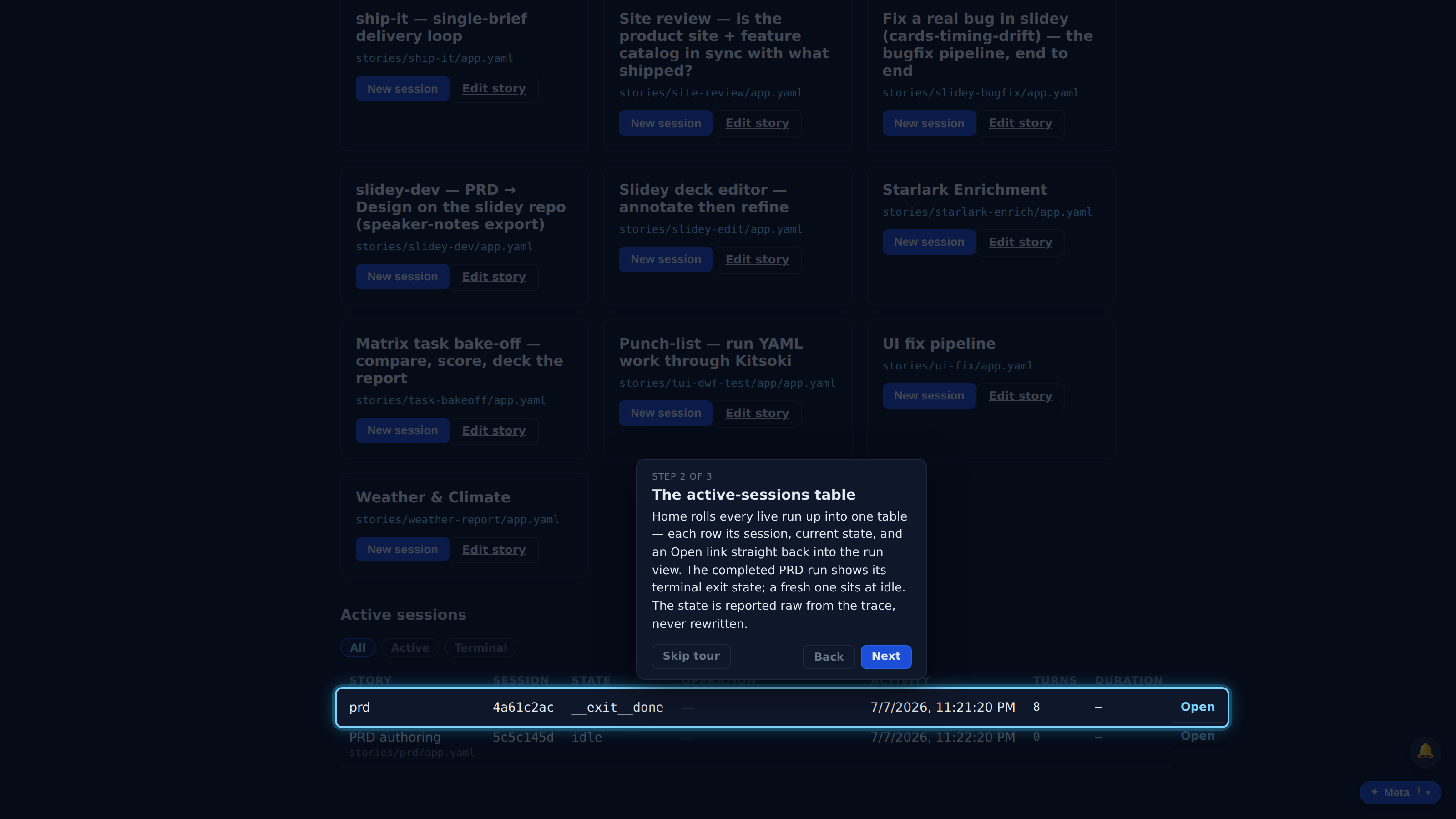 The active-sessions table — screenshot