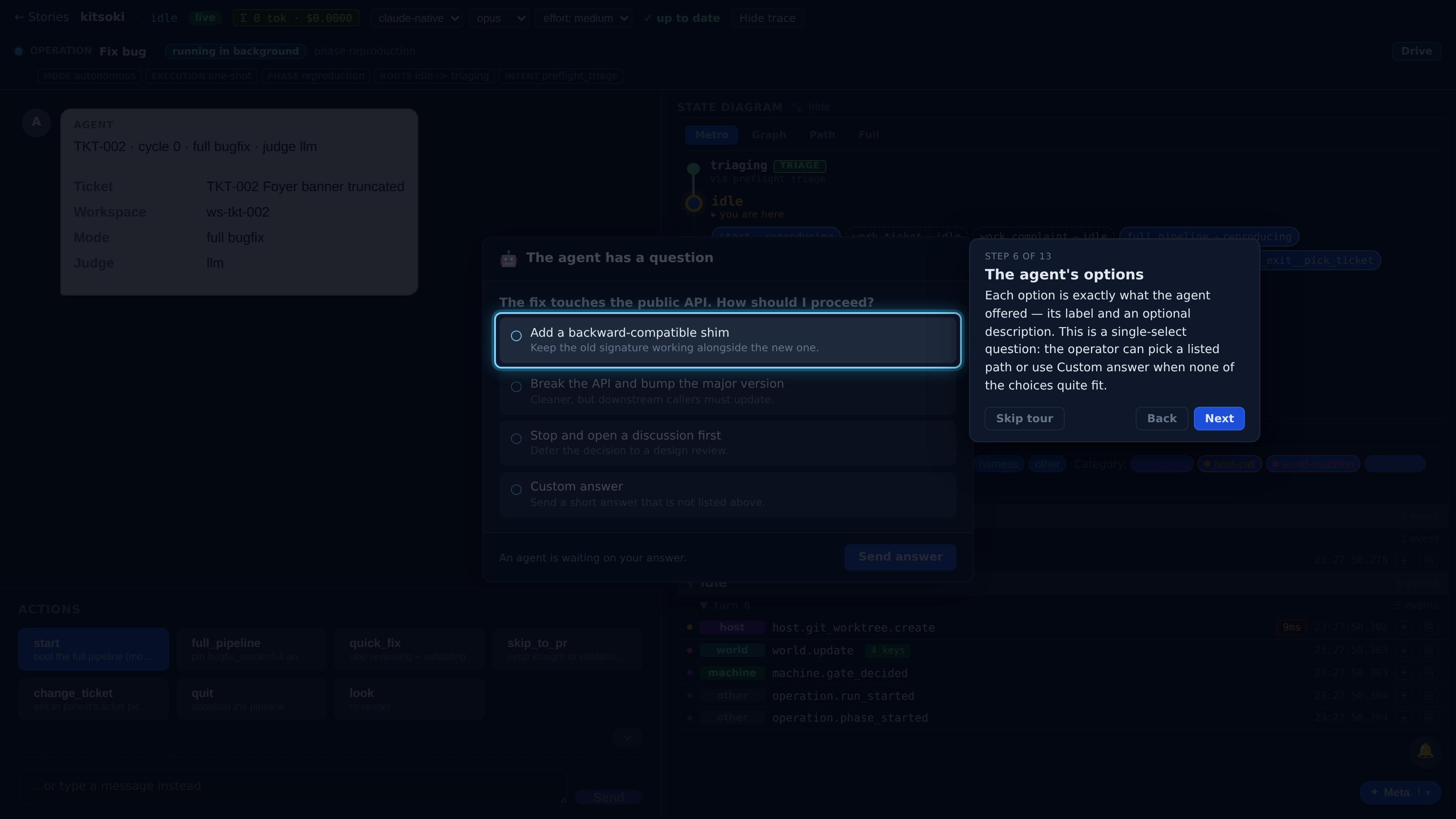 The agent's options — screenshot